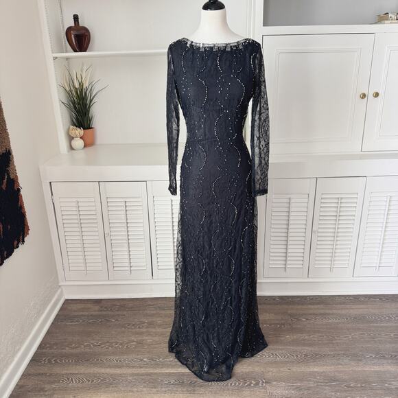 Free People Embellished Beaded Black Lace Long Sleeve Low Back Maxi Dress Size 6 - Picture 2 of 9